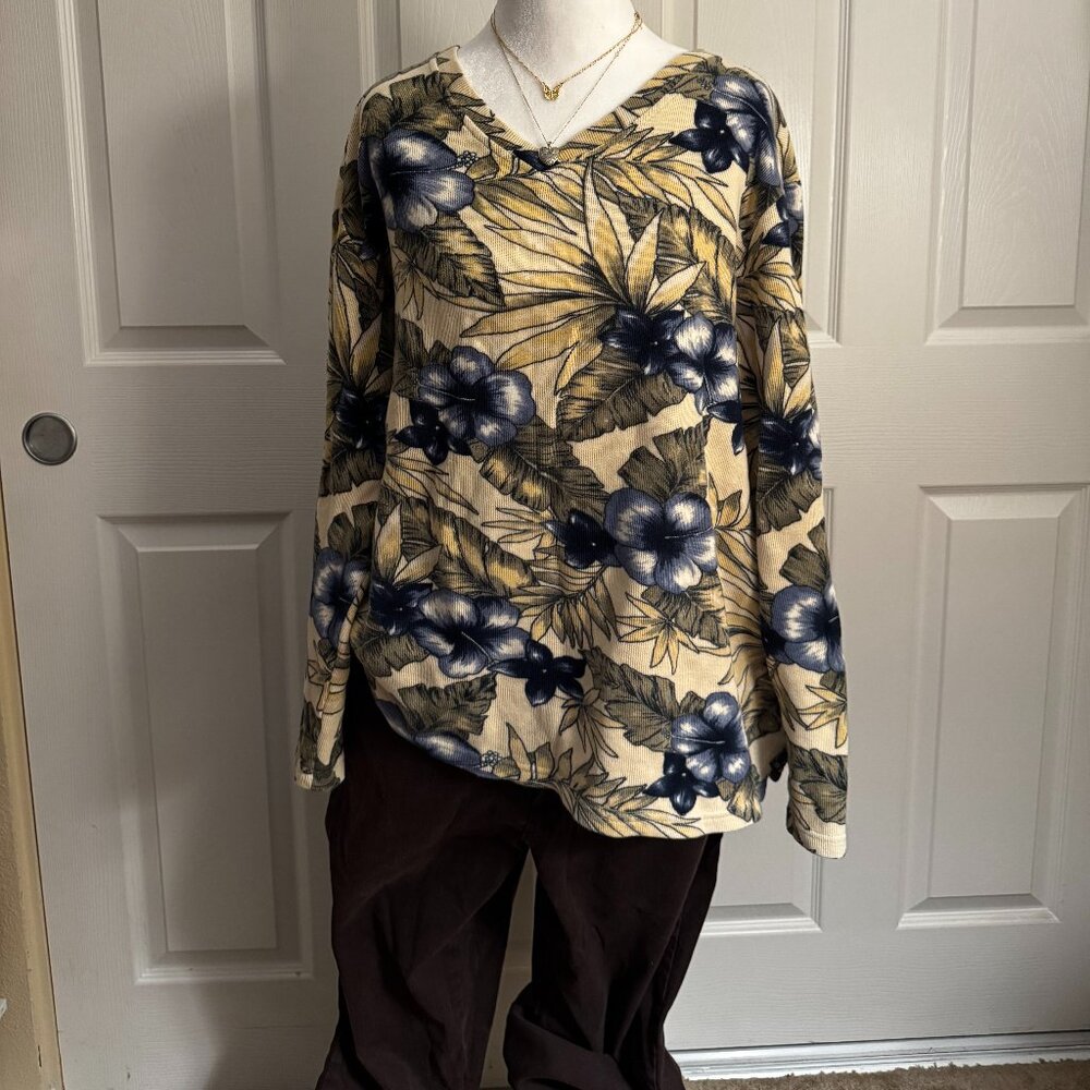 yellow and blue floral V-neck sweater